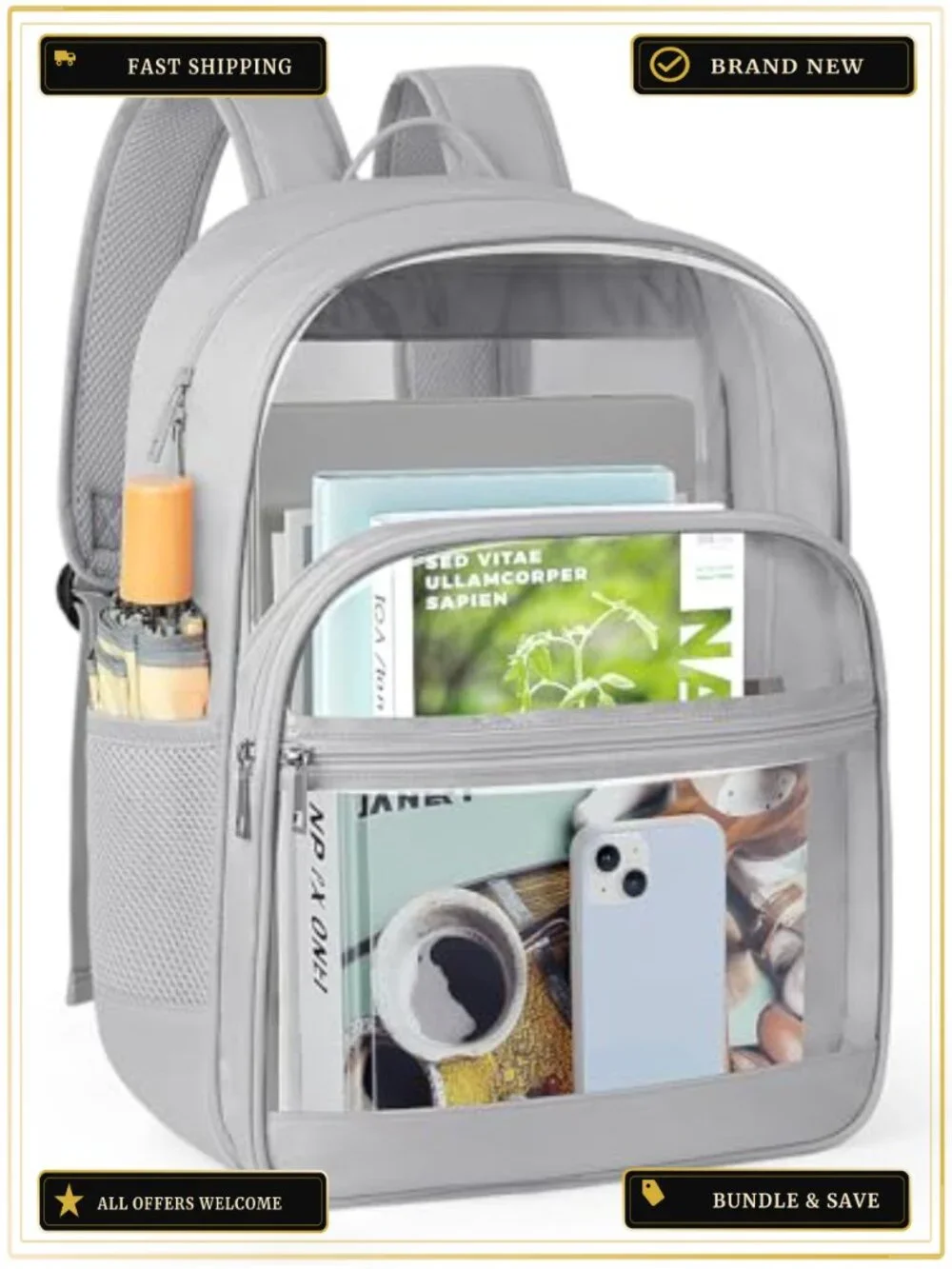 Clear Backpack Heavy Duty Transparent Bookbag for School Travel Security PVC
